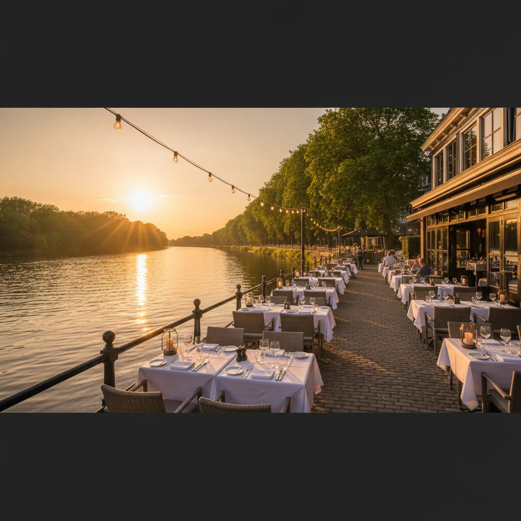Riverside terras van Restaurant Rivero Schoonhoven bij zonsondergang